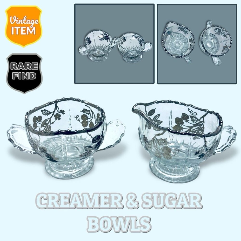 Vintage Creamer & Sugar Set Sterling Poppy Overlay Crystal.